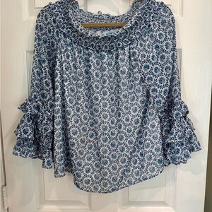 CeCe Blue Floral Ruffle Sleeve Blouse